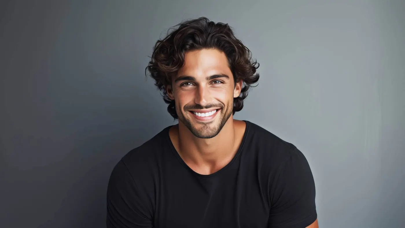 Smiling man with dark curly hair in a black T-shirt