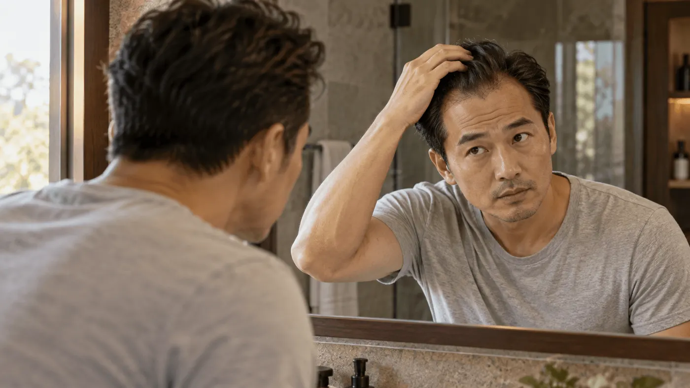 Man checking his thinning hairline in a bathroom mirror