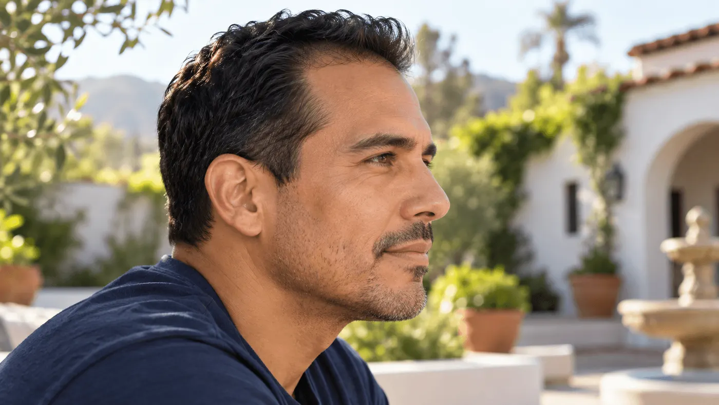 Man in profile with receding temples, outdoors