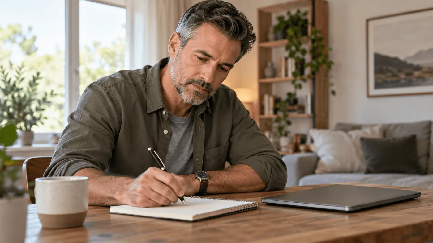Man writing consultation questions in a notebook at home