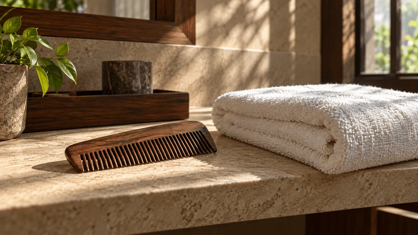 Wooden comb and folded towel on a bathroom shelf