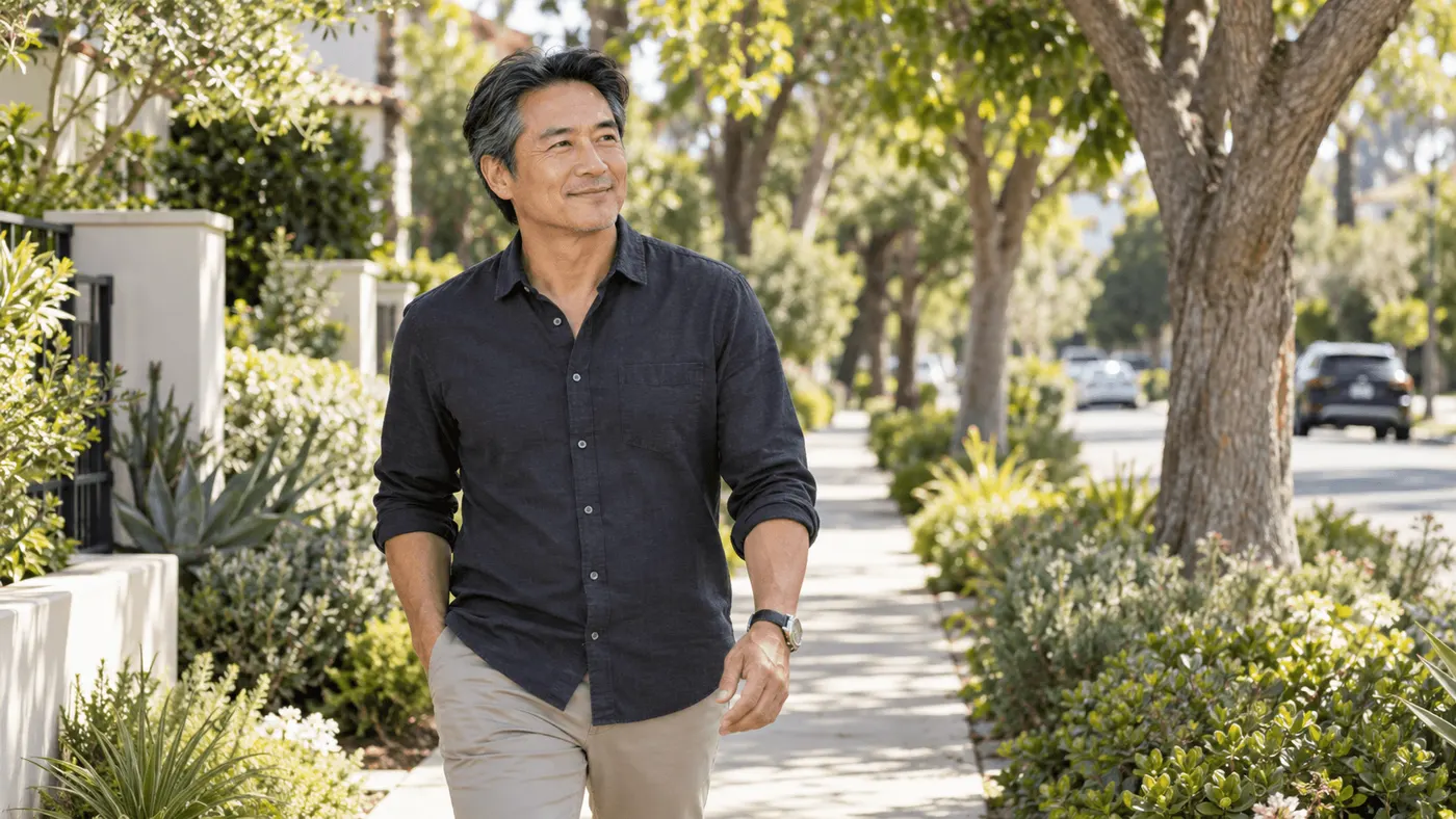 Man walking on a tree-lined neighborhood sidewalk