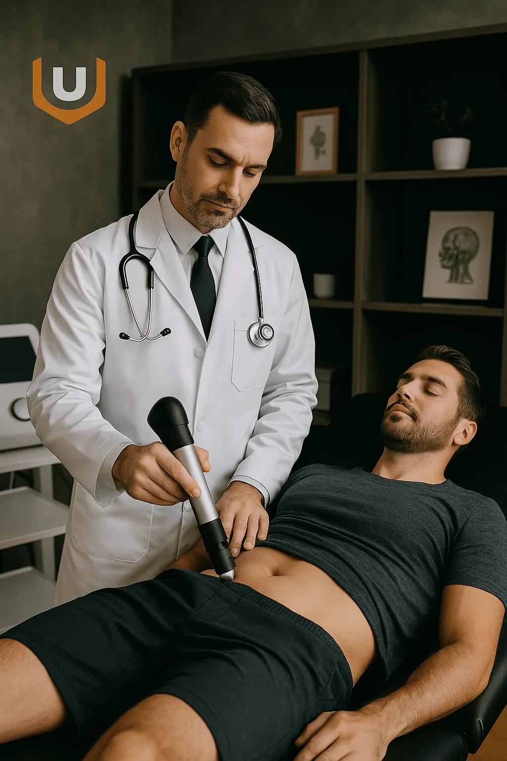 Clinician holding a shockwave applicator over a reclining man's lower abdomen