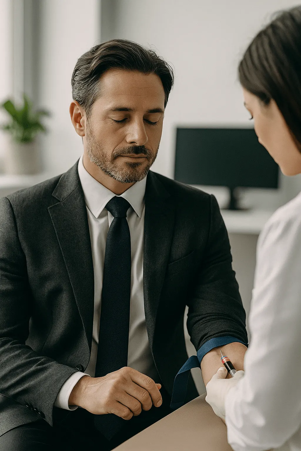 Man in a suit having blood drawn by a clinician