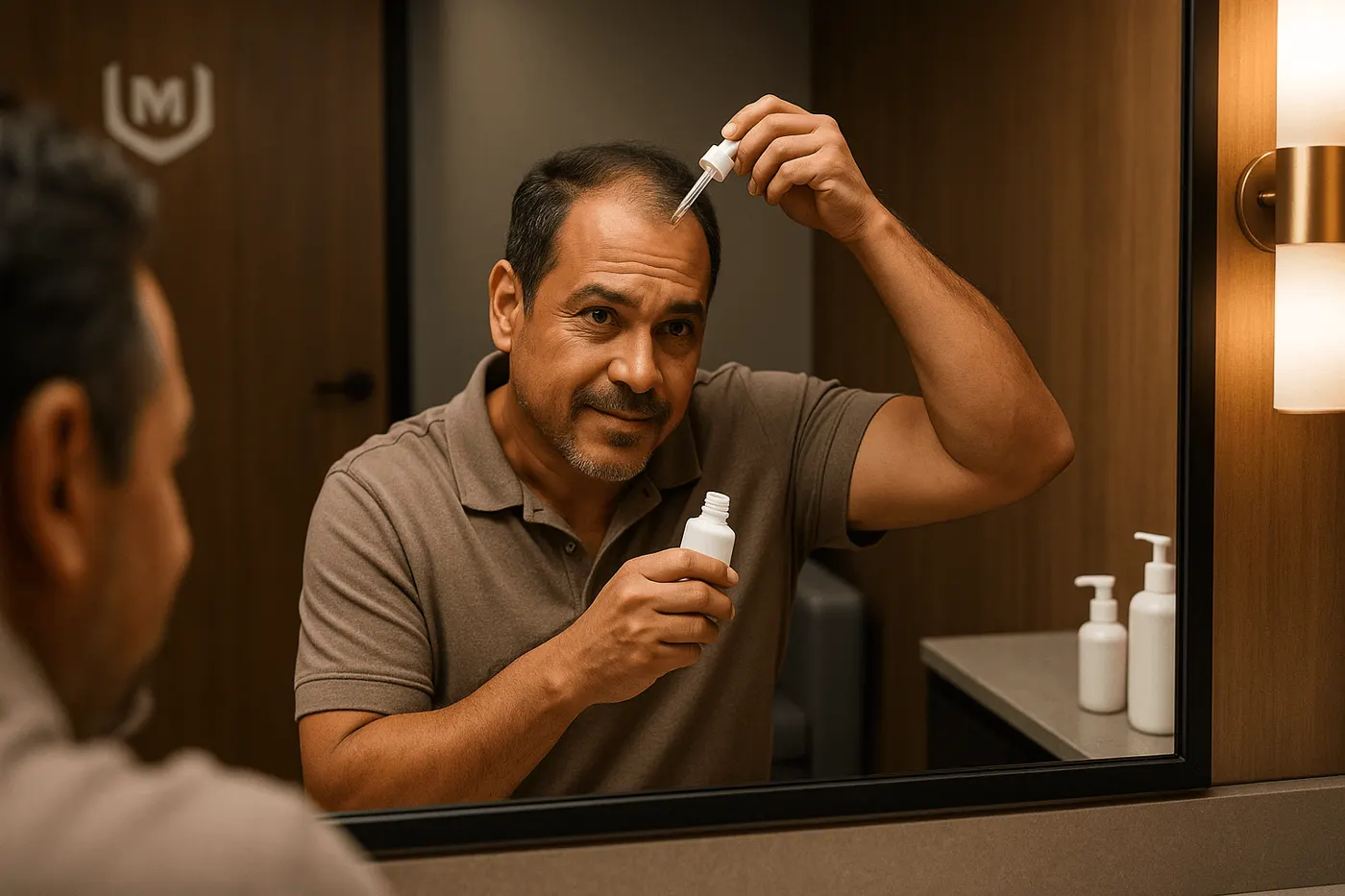 Man applying a topical hair serum with a dropper at a mirror
