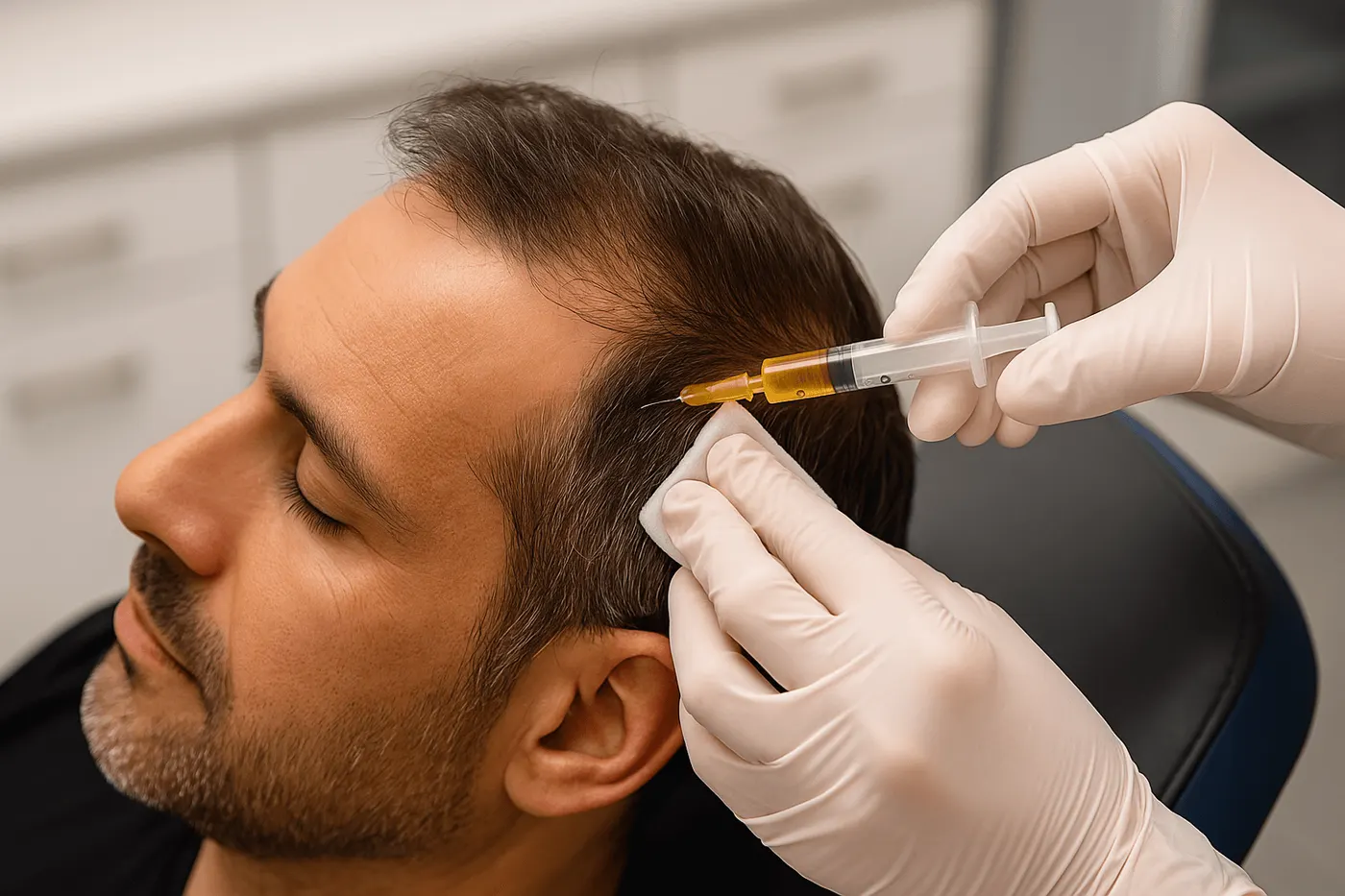 PRP being injected along a man’s thinning hairline