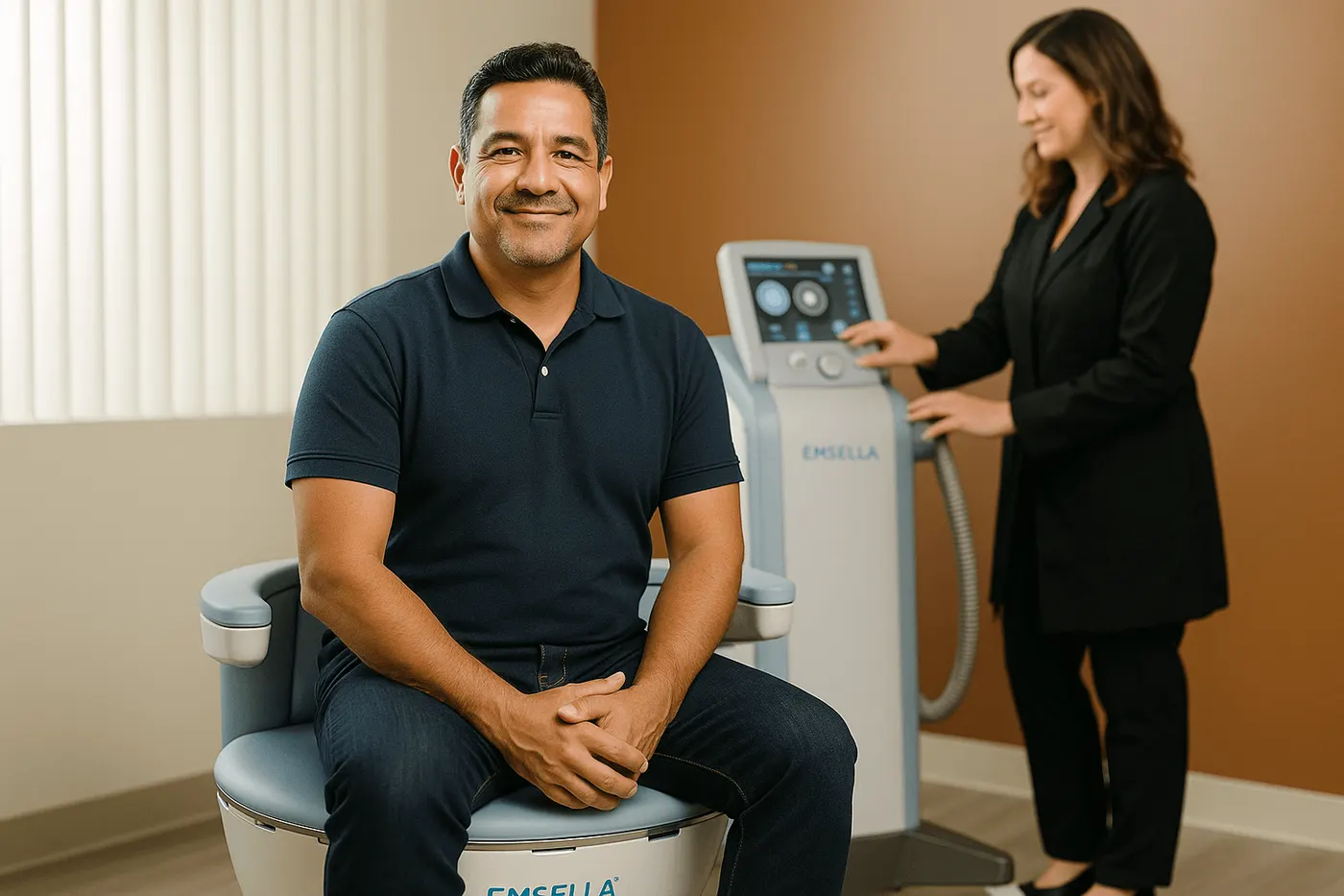 Smiling man seated on a pelvic floor chair beside its control console