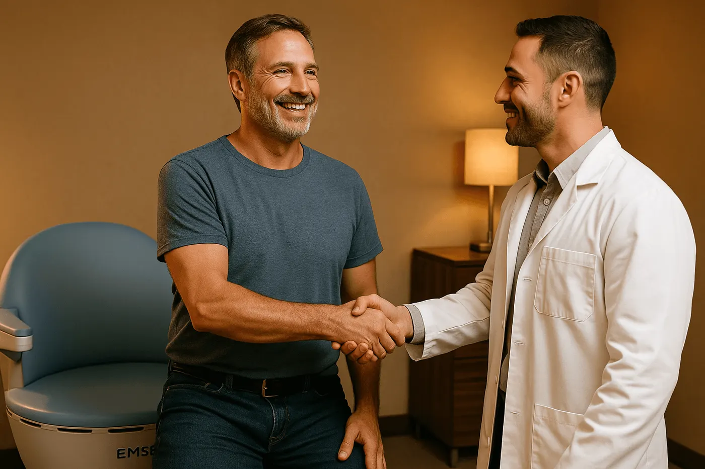 Smiling man shaking hands with a clinician beside a pelvic floor chair