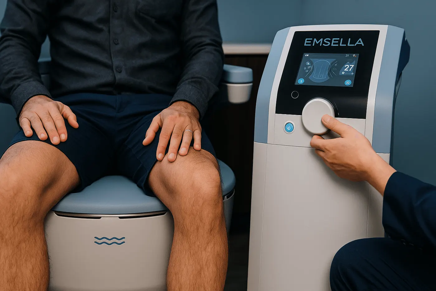 Seated man on a pelvic floor chair as a clinician adjusts the console