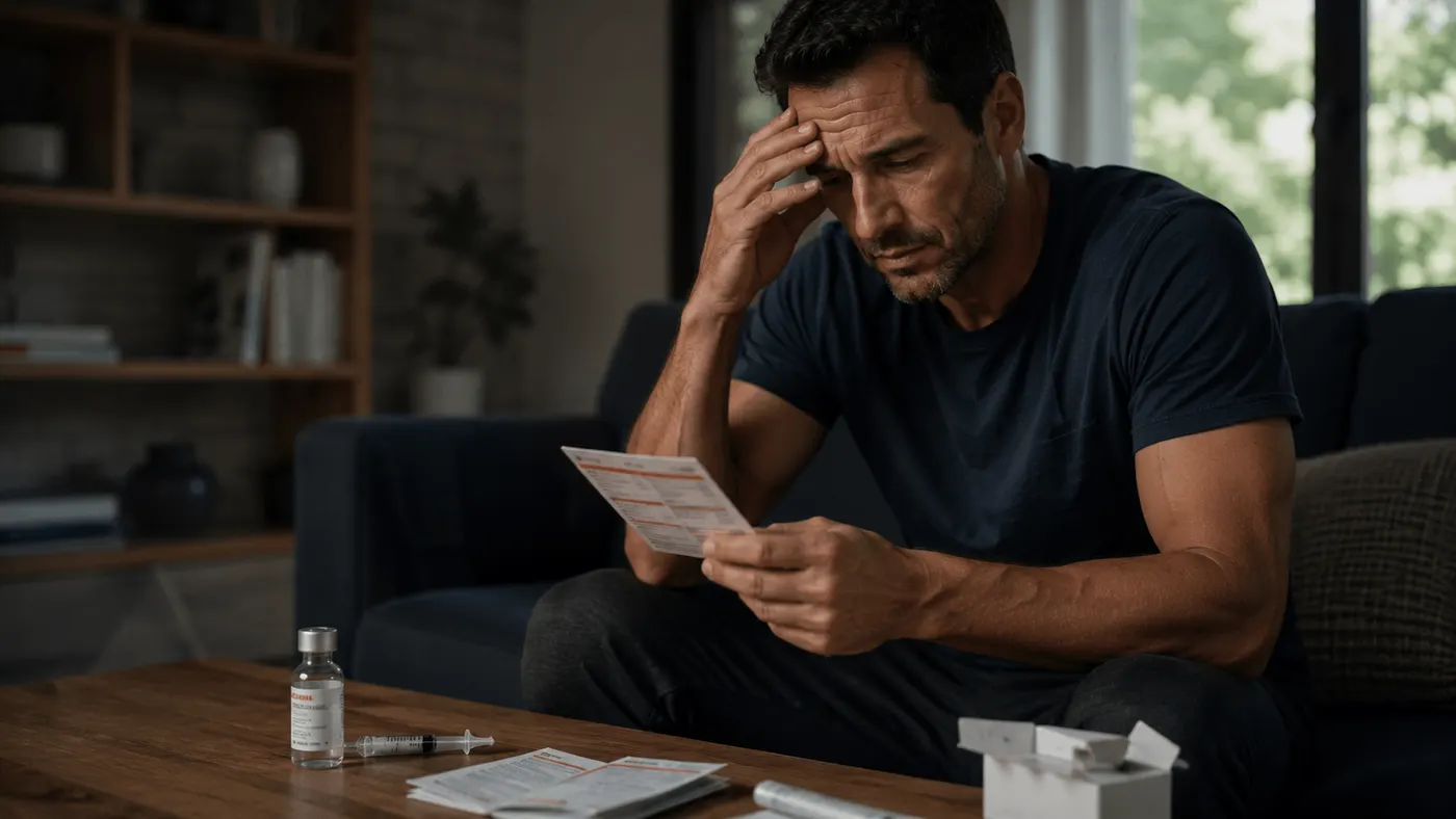 Tired man studying a lab report on his living room couch