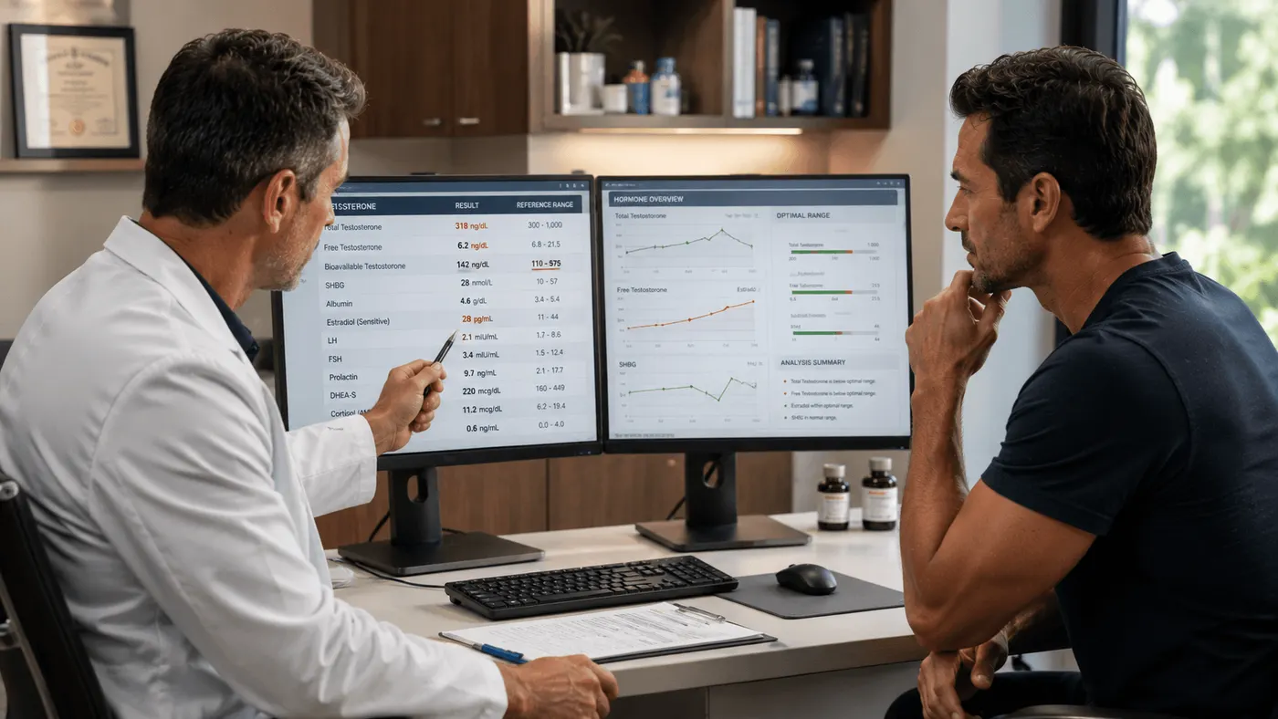 Clinician reviewing hormone lab trends on screens with a patient