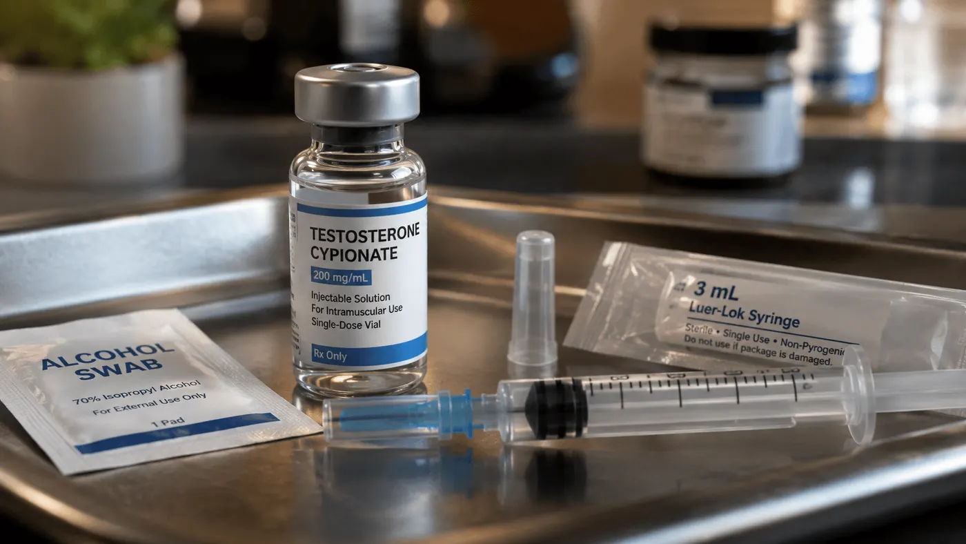 Testosterone vial, syringe and alcohol swab on a steel tray
