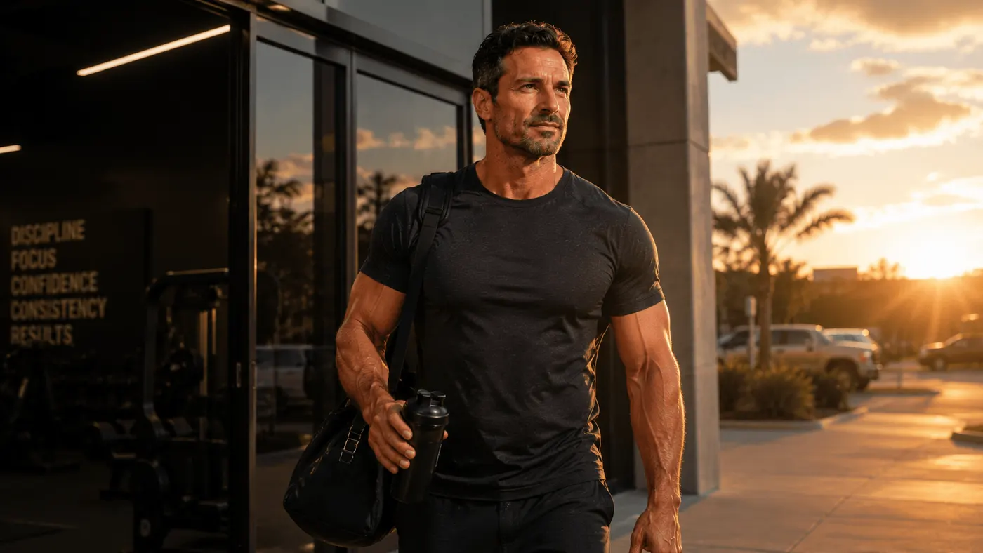Fit man leaving a gym at sunset with a gym bag