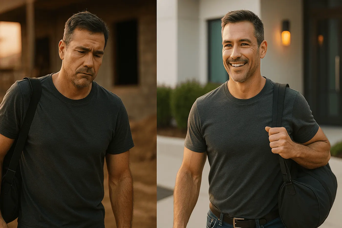 Split image of a tired worker and the same man smiling after a shift