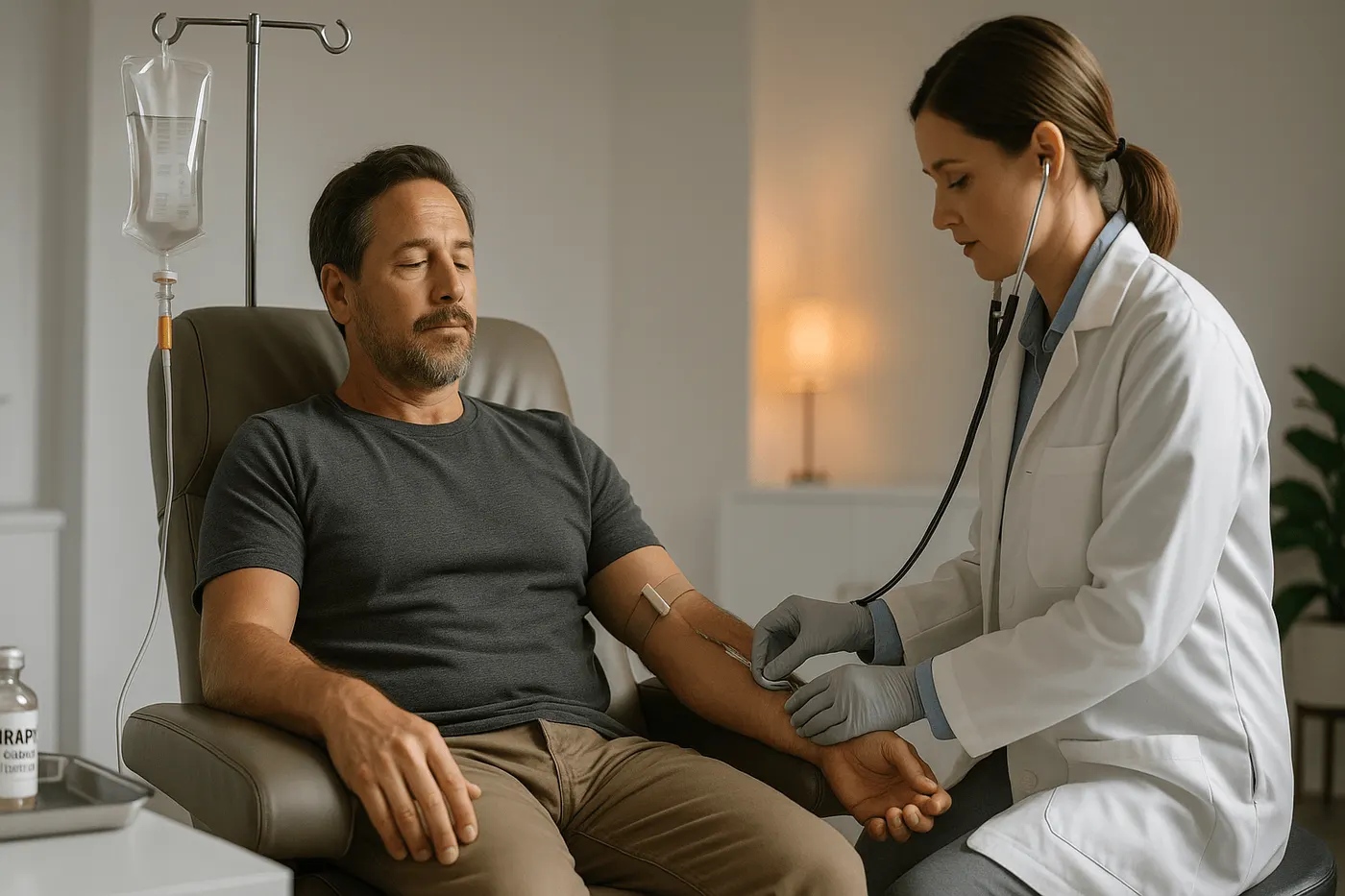 Man resting in a recliner as a clinician checks his IV arm