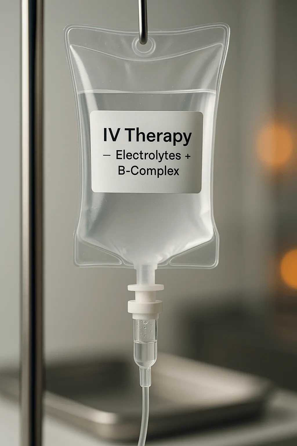 IV bag labeled electrolytes and B-complex hanging on a stand