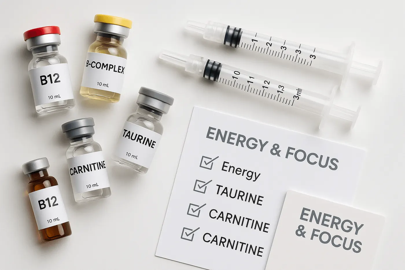 Vials of B12, B-complex, taurine and carnitine beside two syringes