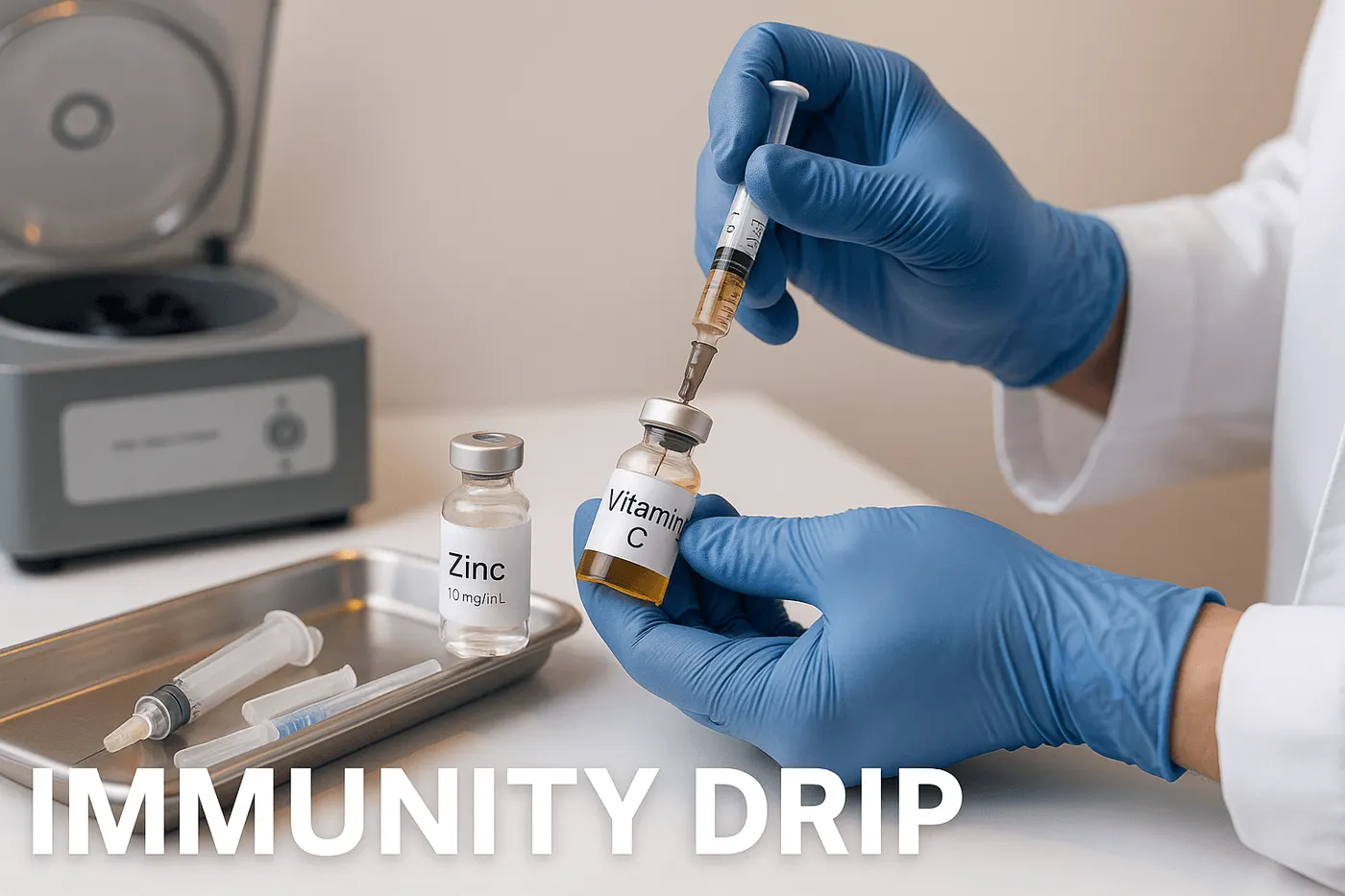 Gloved hands drawing vitamin C from a vial next to a zinc vial