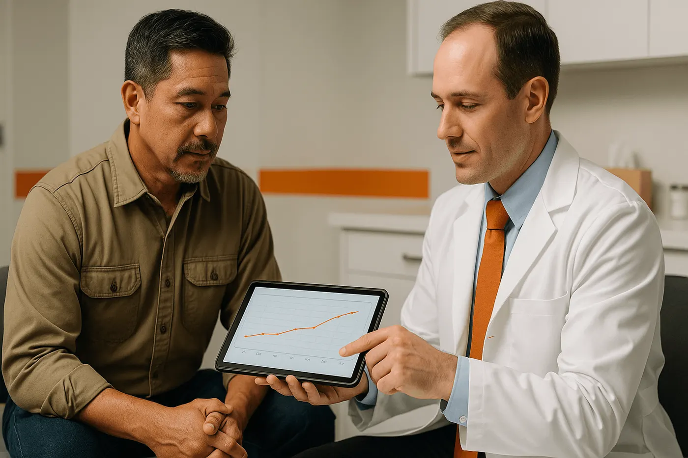 Clinician showing a man a rising trend line on a tablet