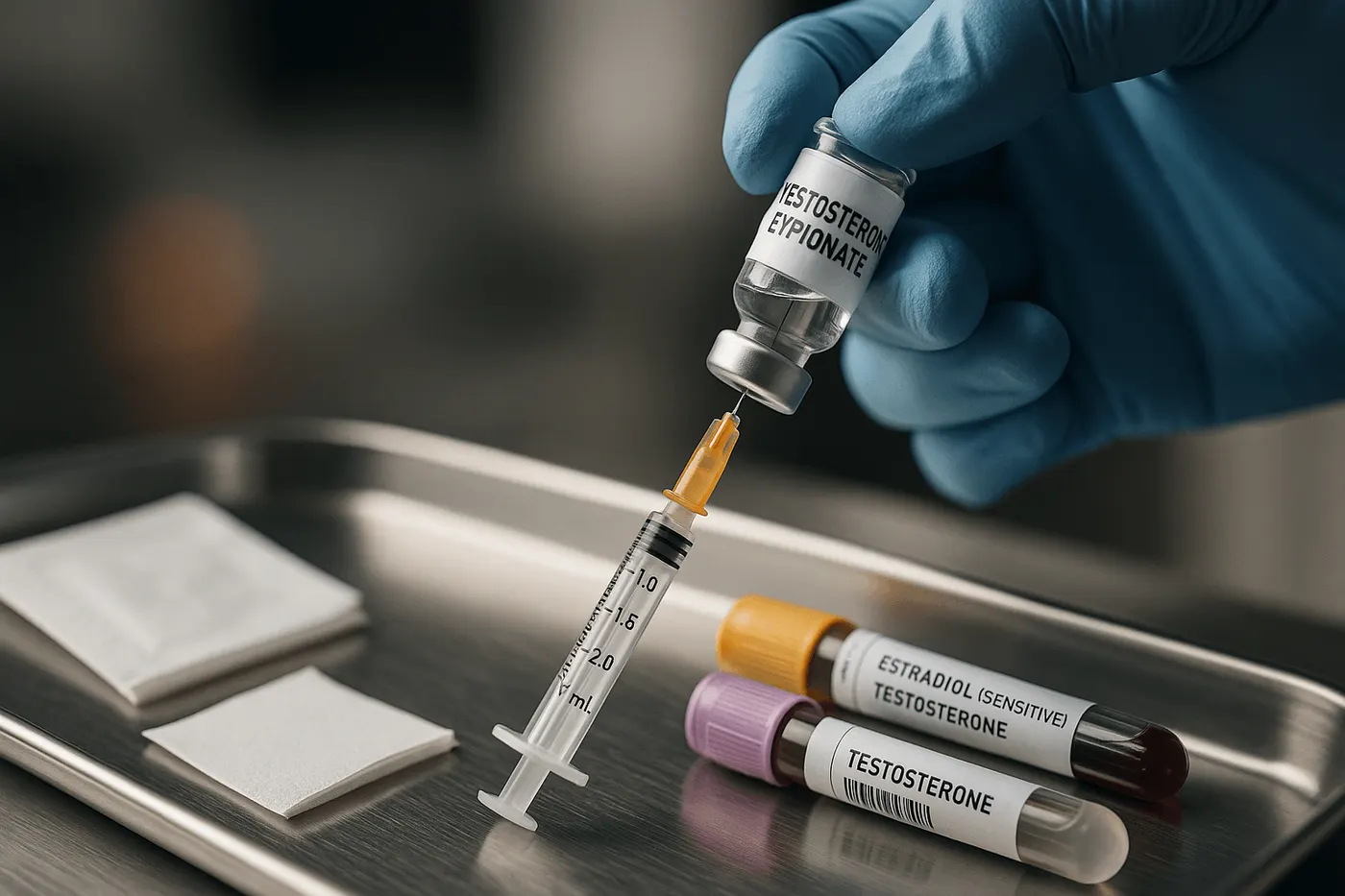 Gloved hand drawing from a vial beside estradiol and testosterone tubes