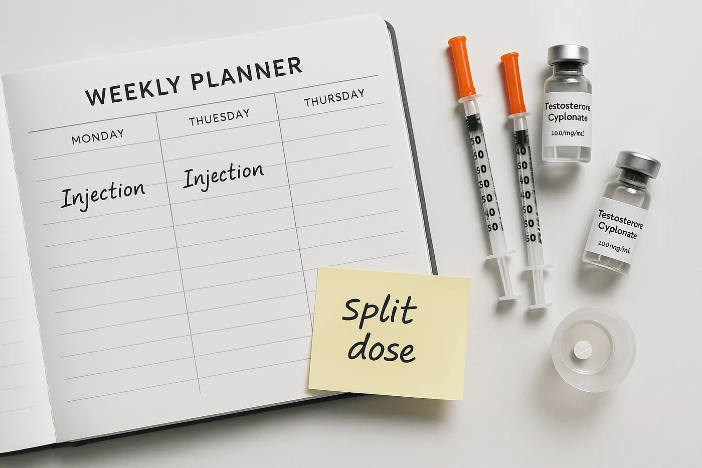 Weekly planner marked with two injection days and a split dose note