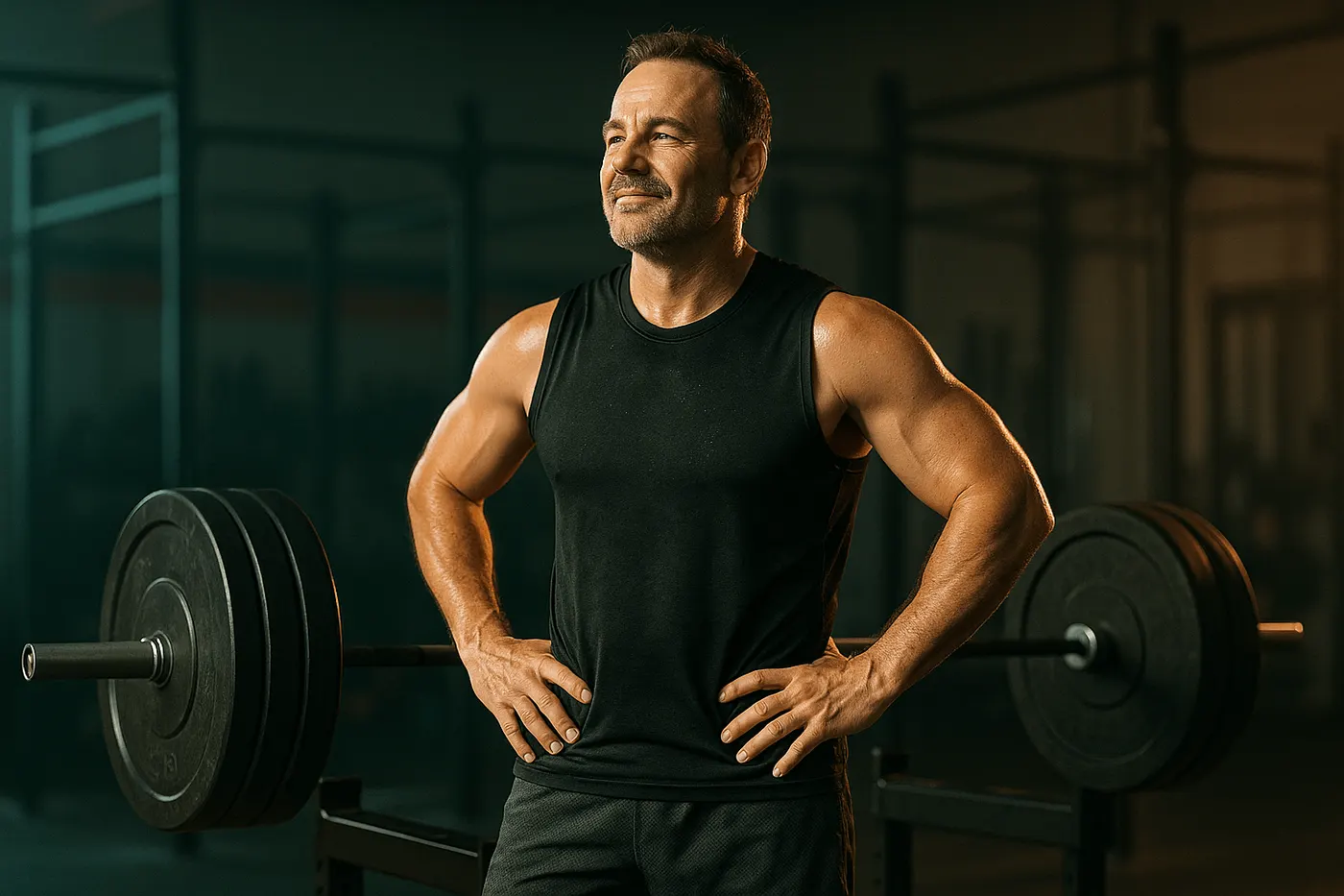 Fit middle-aged man standing beside a loaded barbell in a gym