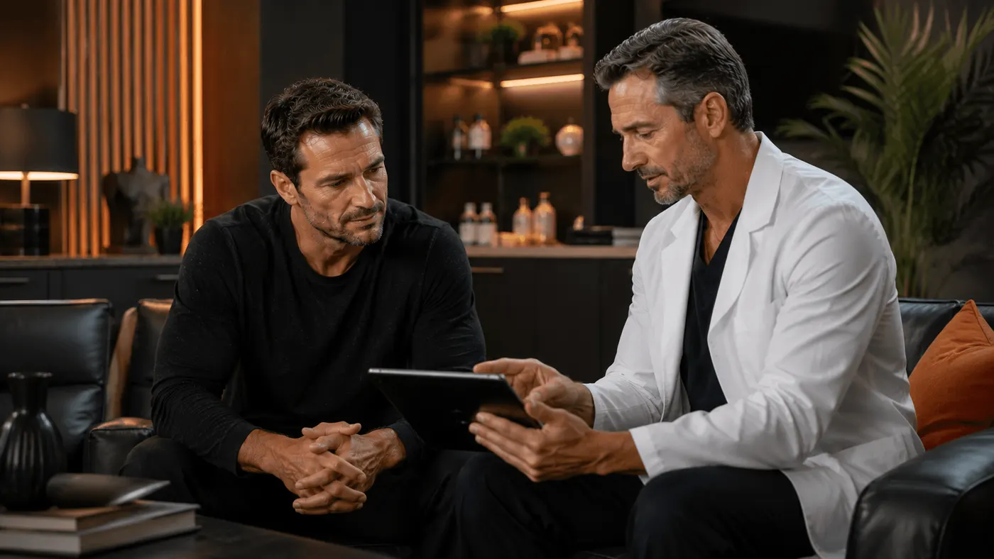 Clinician in a white coat reviewing a tablet with a male patient