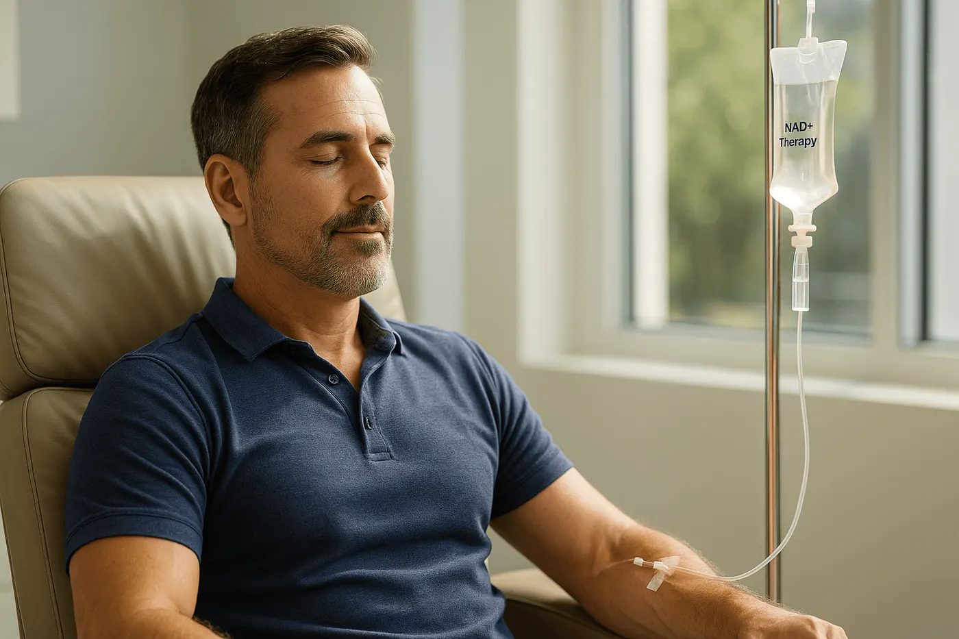Man resting in a recliner during an NAD+ IV infusion
