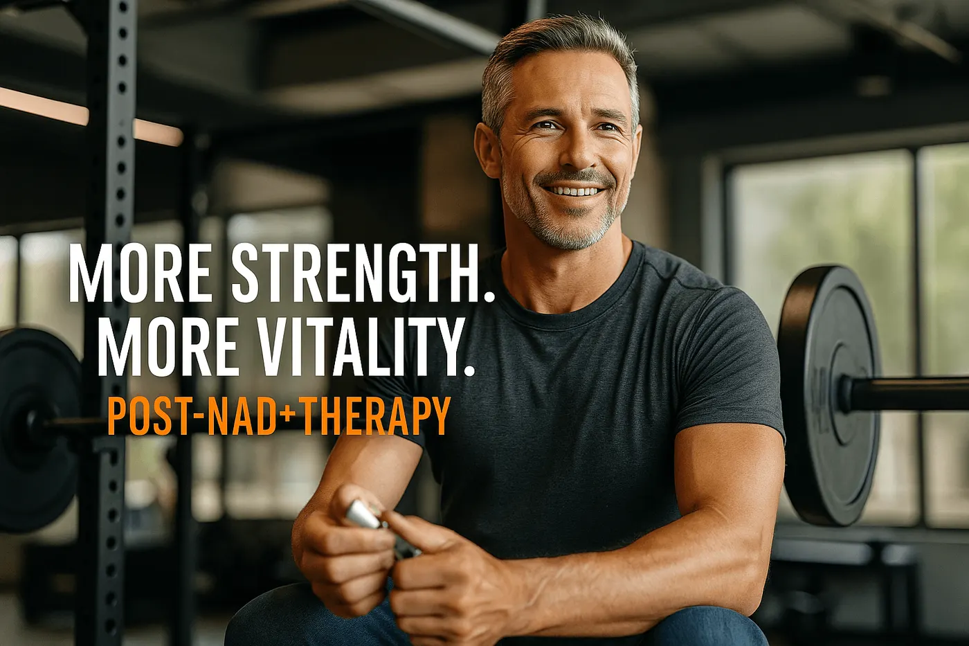 Smiling man in his 50s seated in a gym near a loaded barbell