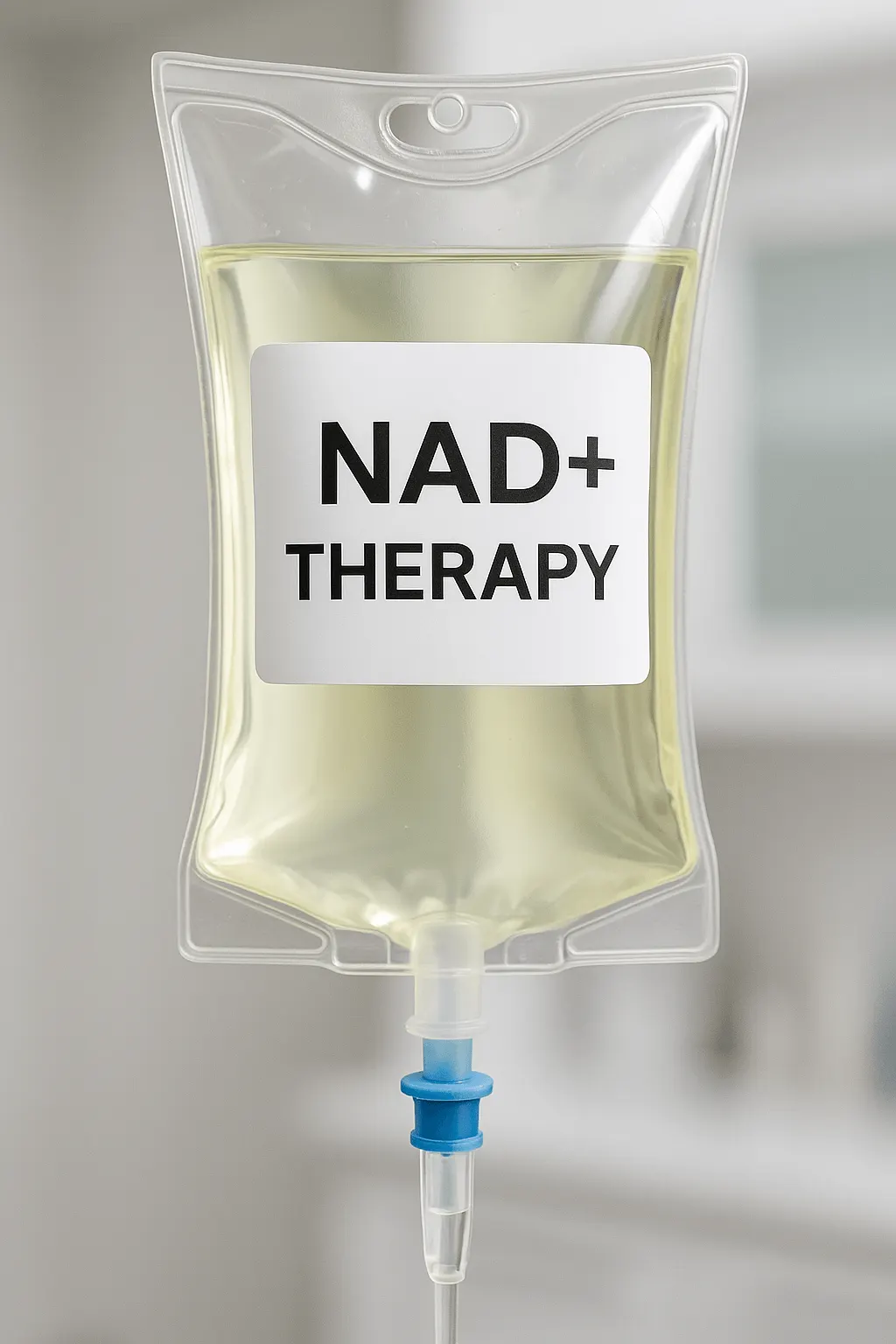 IV bag of pale yellow fluid labeled NAD+ therapy