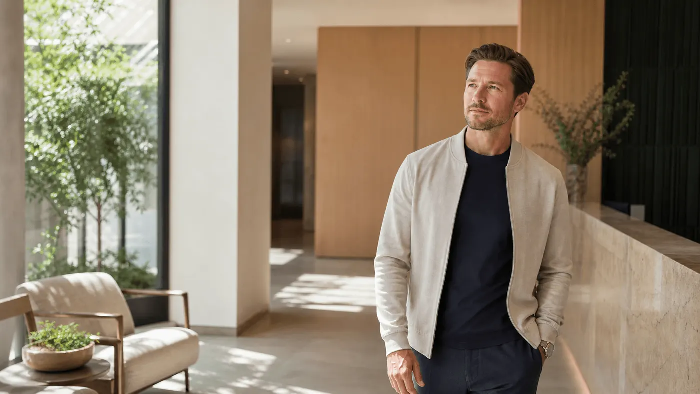 Man pausing in a bright clinic lobby before a weight loss visit