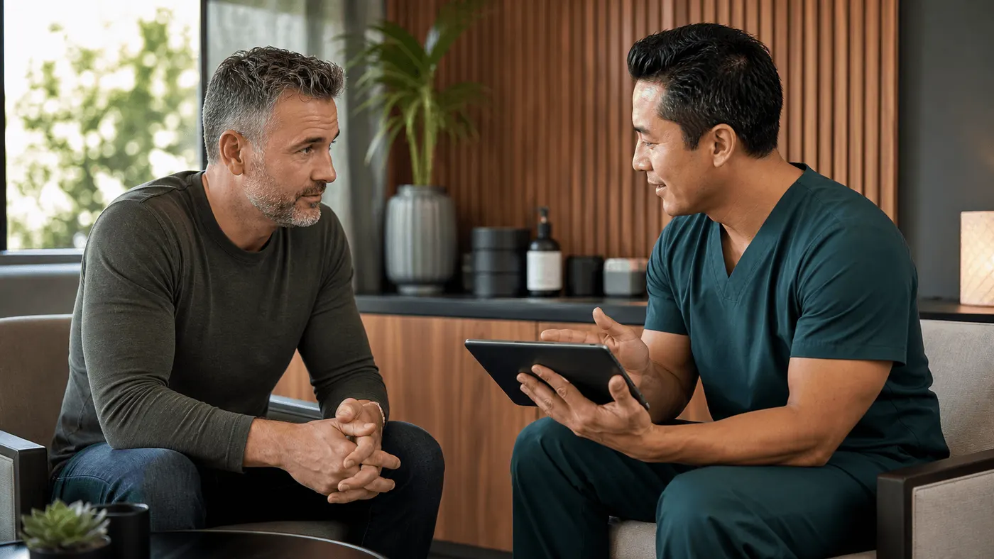 Provider in scrubs discussing a plan with a seated patient