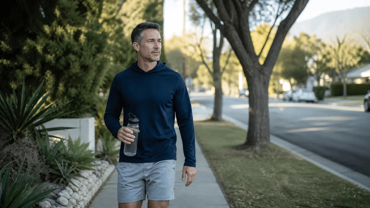 Man walking a tree-lined street with a water bottle