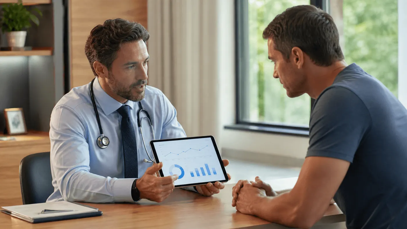 Clinician reviewing charts on a tablet with a patient
