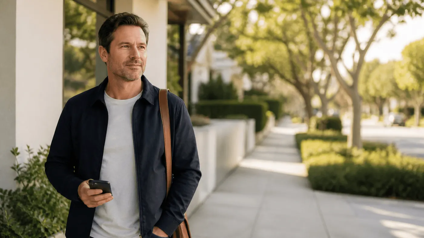 Man with a shoulder bag walking away from a clinic along a sidewalk