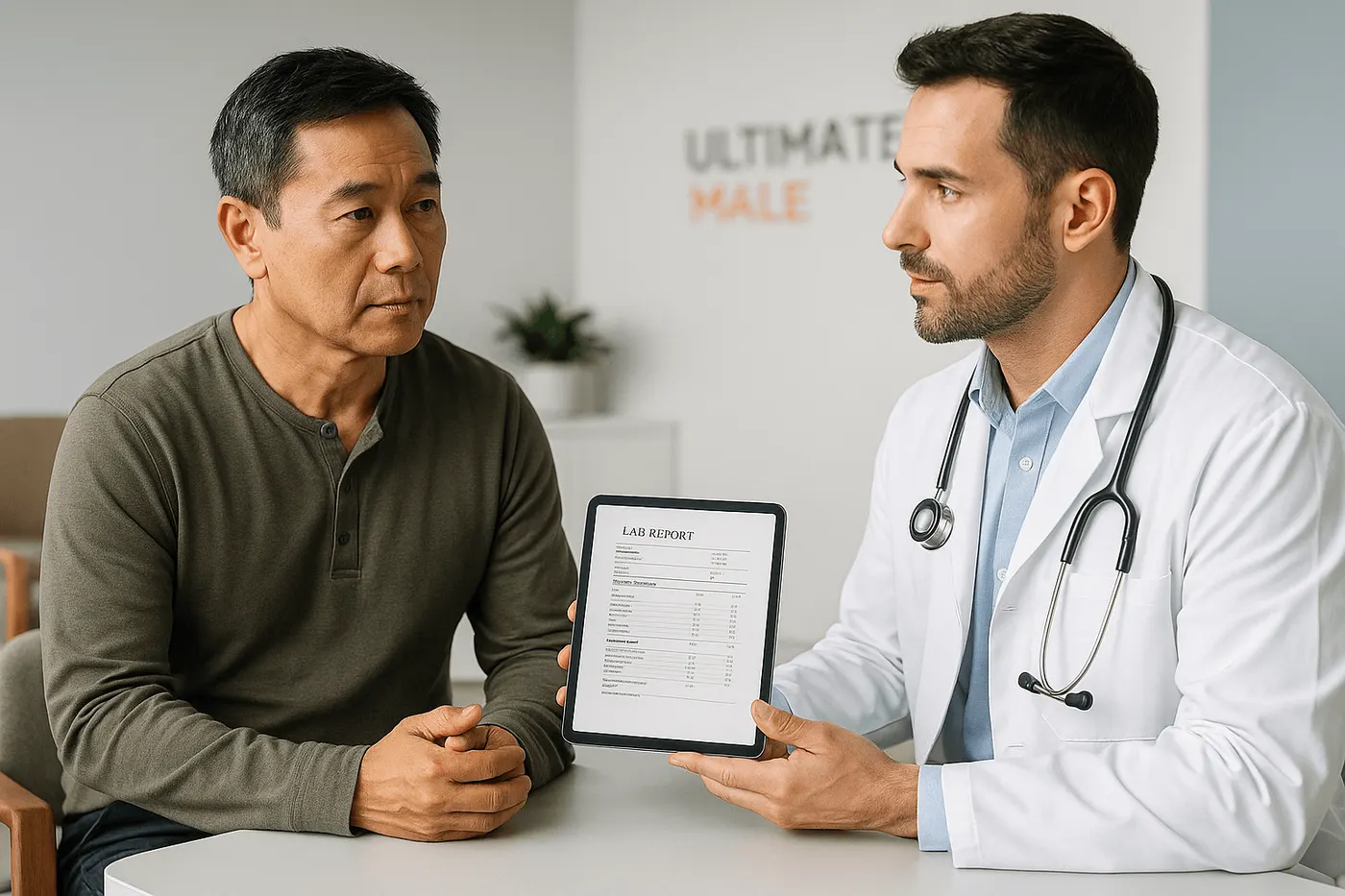 Provider reviewing a lab report on a tablet with a middle-aged patient