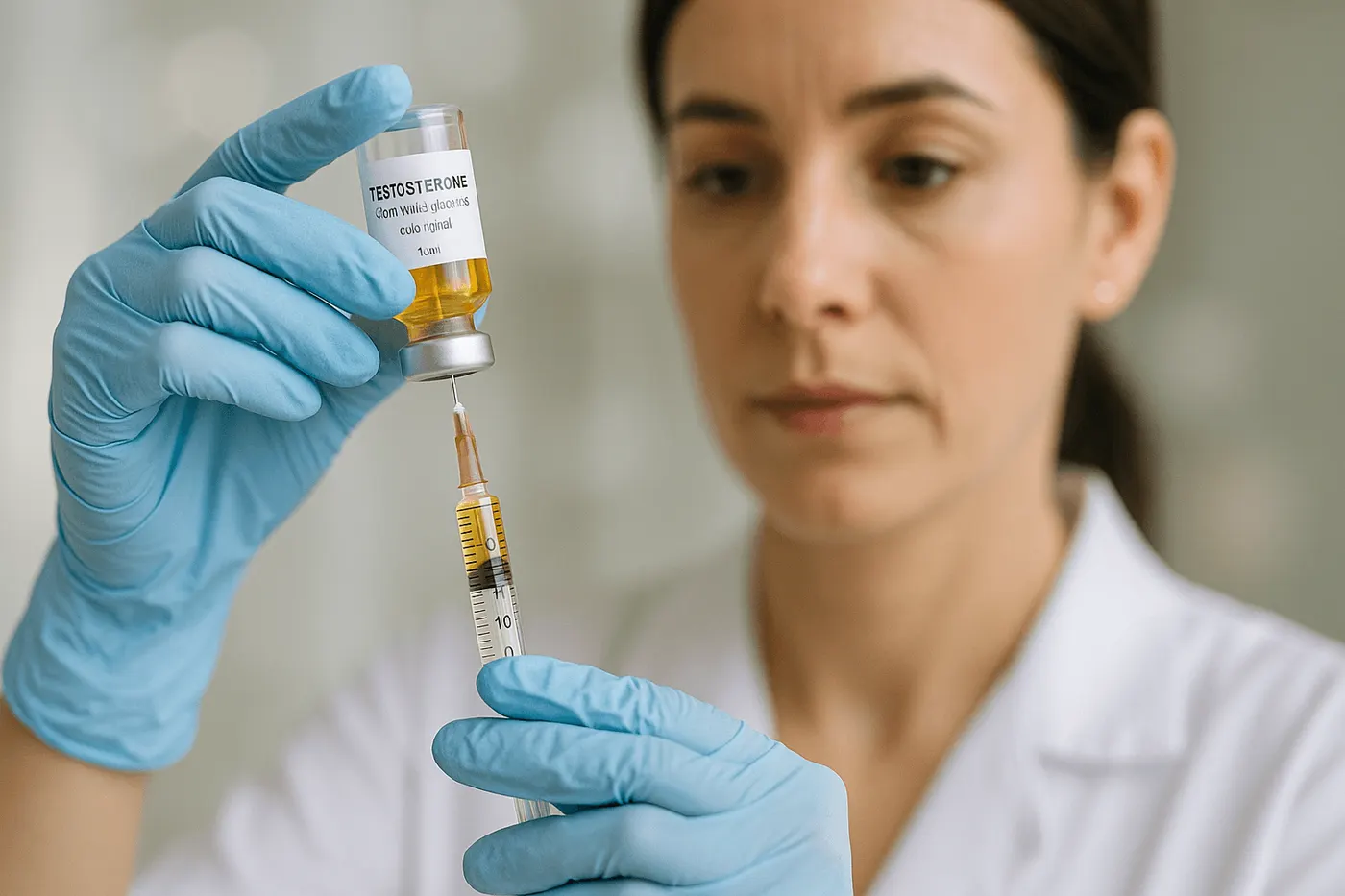Gloved clinician drawing medication from a vial into a syringe