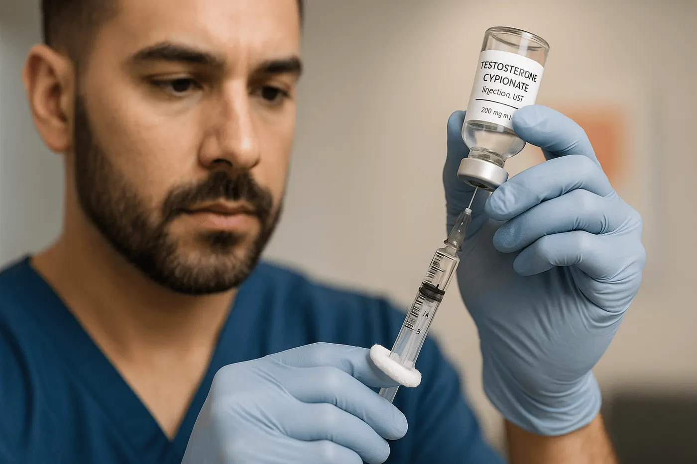 Nurse in blue scrubs preparing a testosterone injection