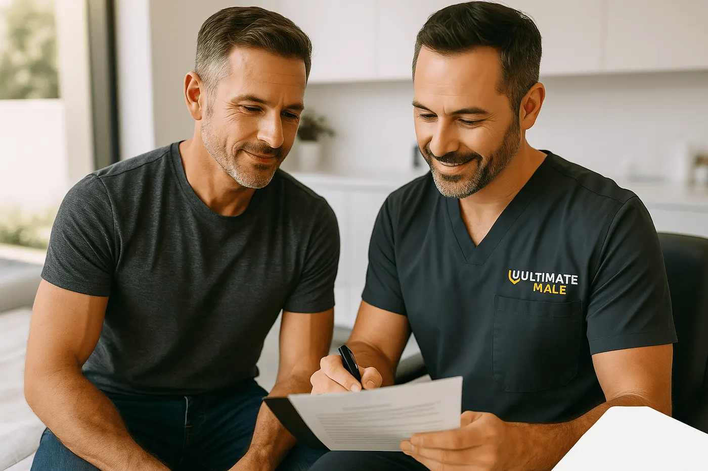 Two men smiling while reviewing a paper treatment plan together