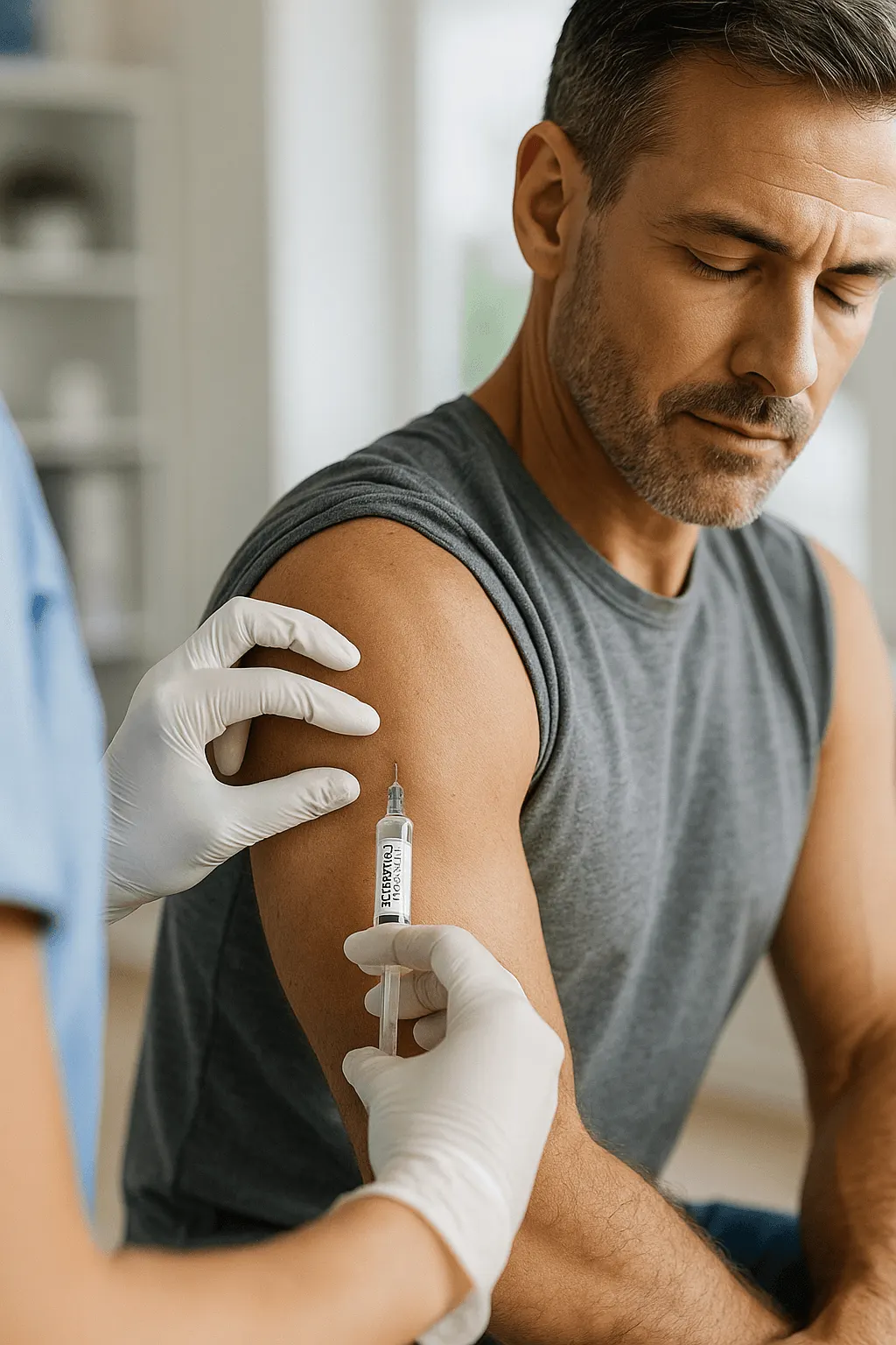 Clinician in gloves giving a man an injection in the upper arm