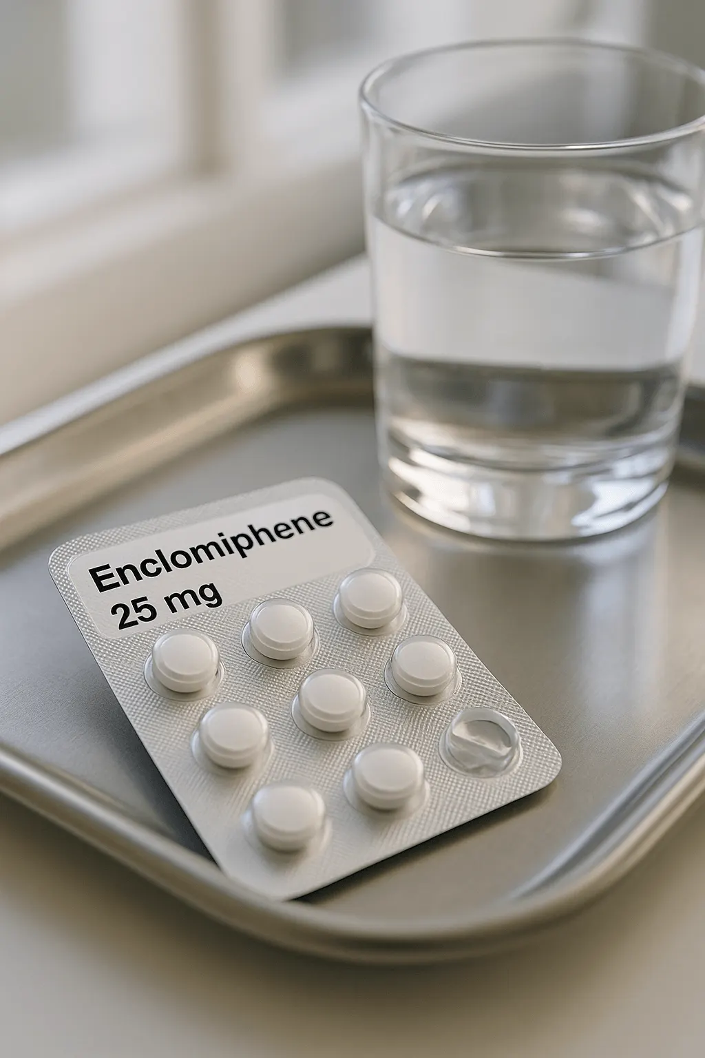Blister pack of enclomiphene tablets beside a glass of water