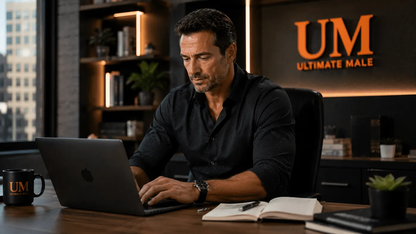 Man working at a laptop in a dimly lit home office