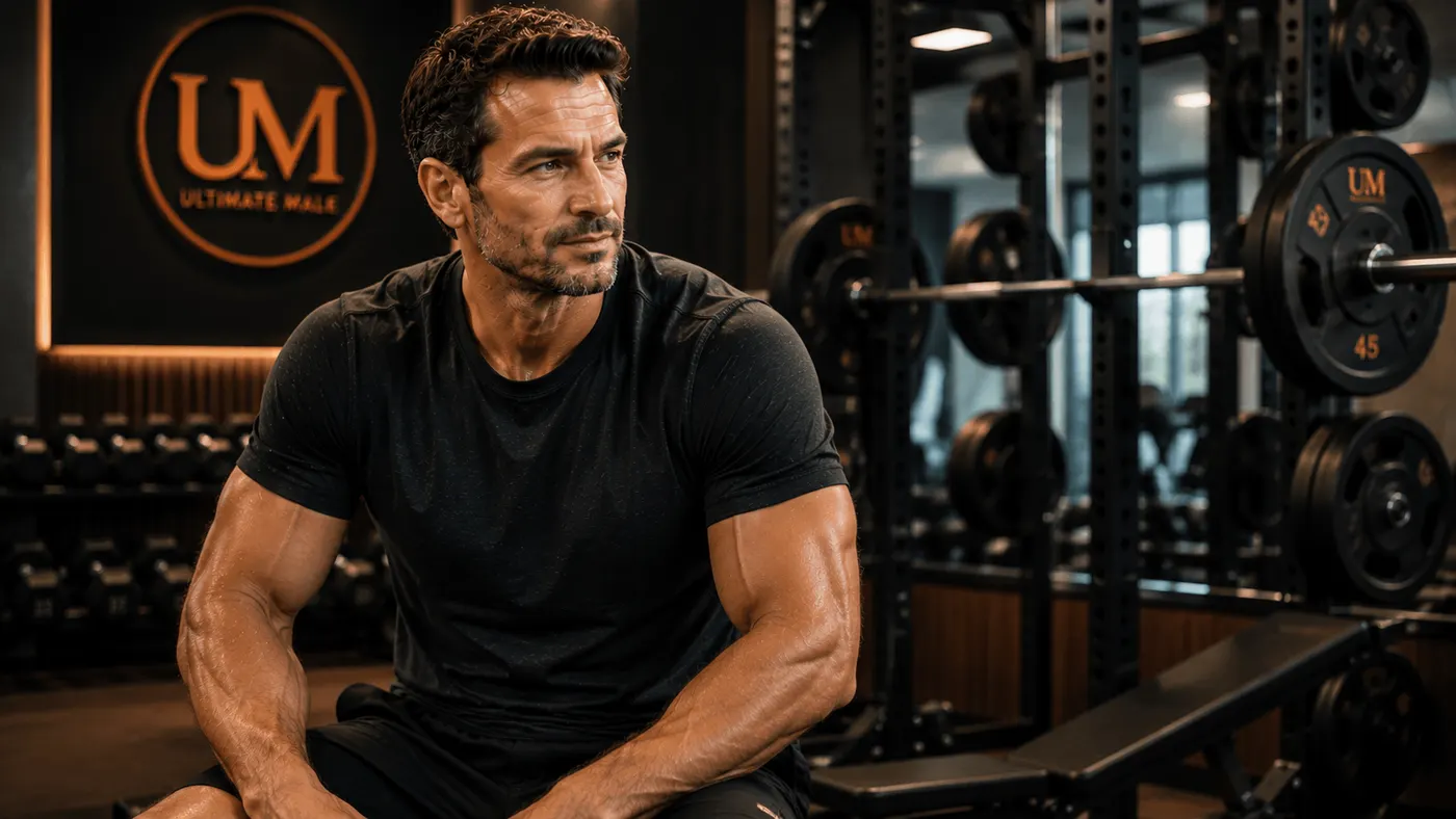 Man resting on a weight bench in a home gym