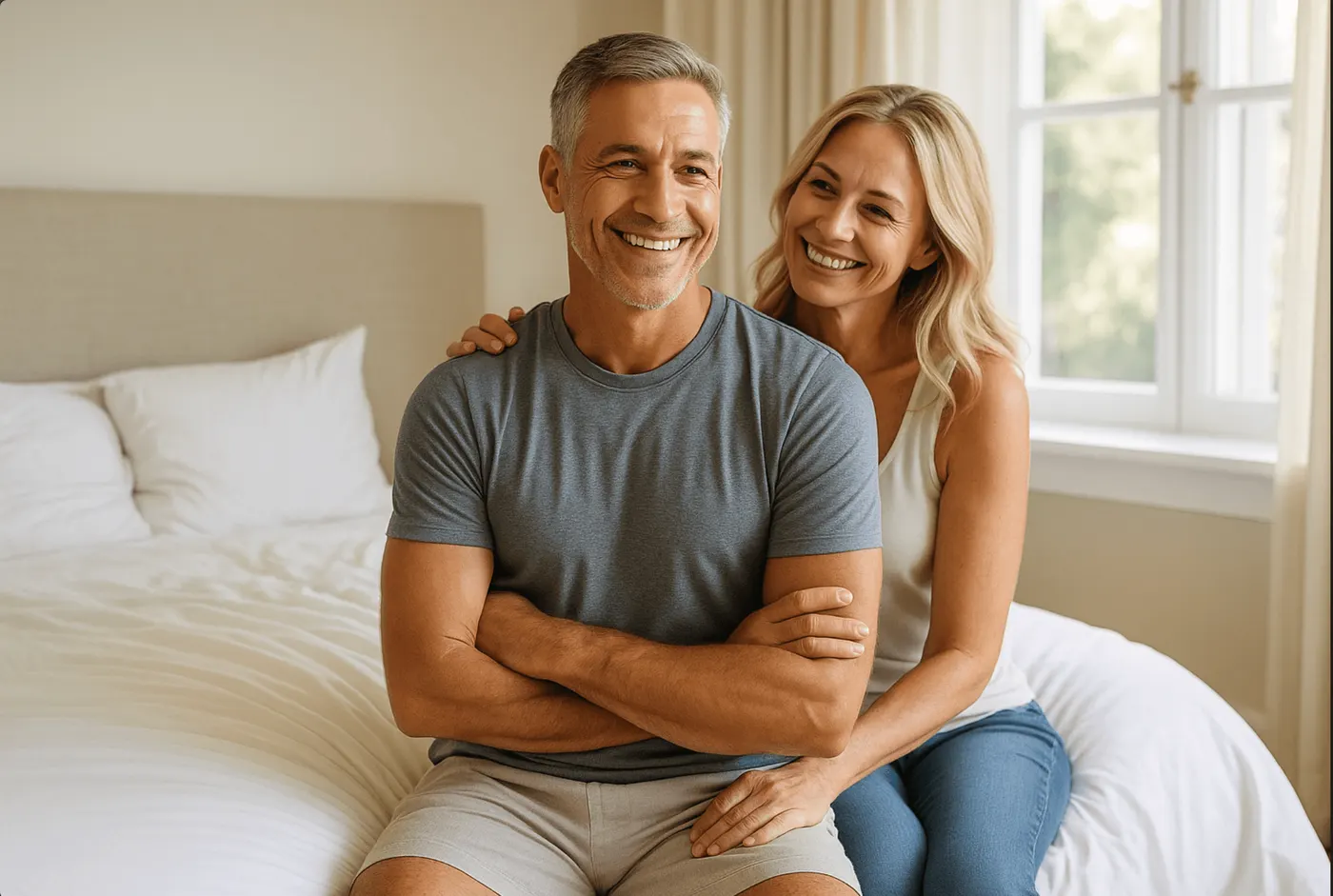 Smiling couple sitting together in a bright bedroom