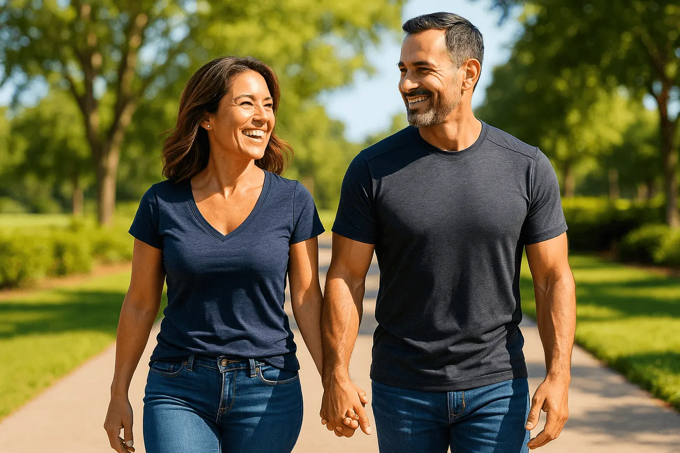 Couple holding hands on a sunny park path