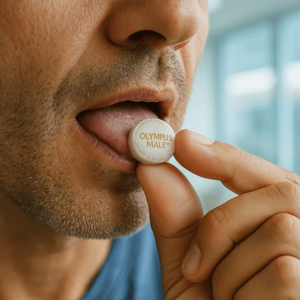 Man placing a small dissolving troche on his tongue