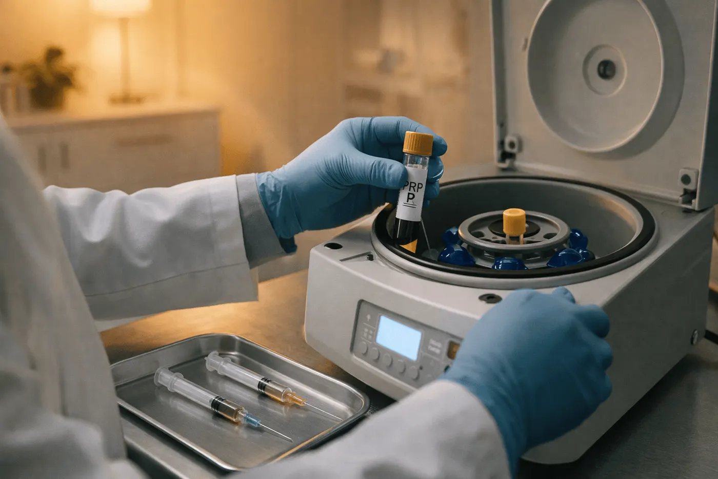 Gloved hands placing a blood sample tube into a centrifuge