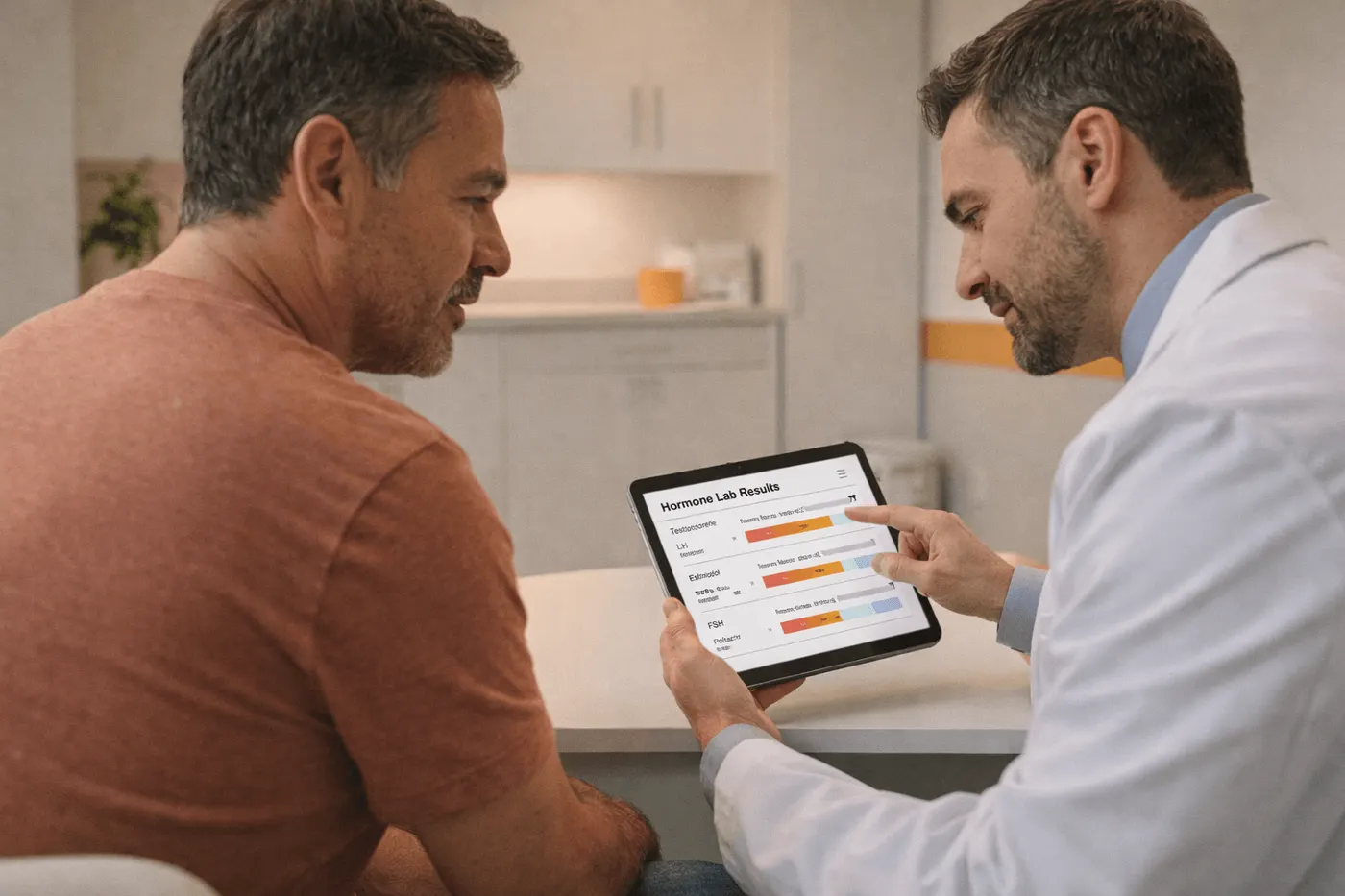 Provider pointing to hormone lab results on a tablet with a patient