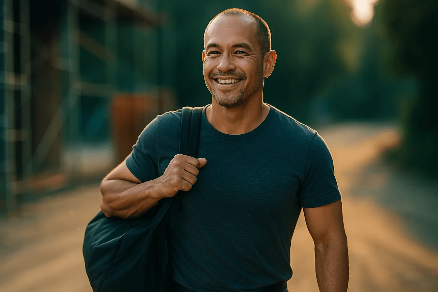 Smiling man with a gym bag over his shoulder walking outdoors at sunset