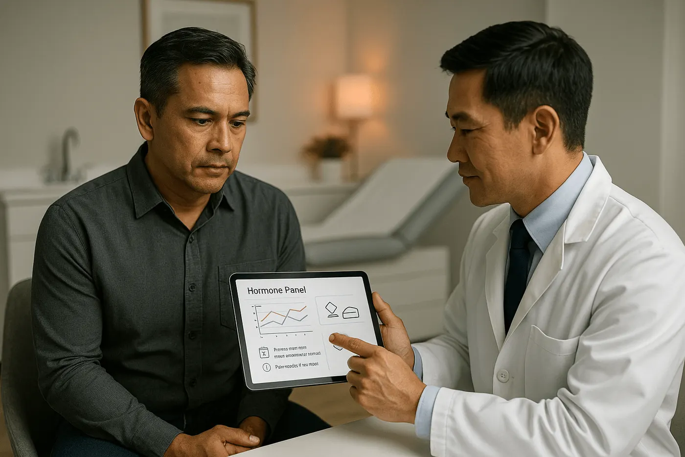 Clinician showing a man his hormone panel results on a tablet